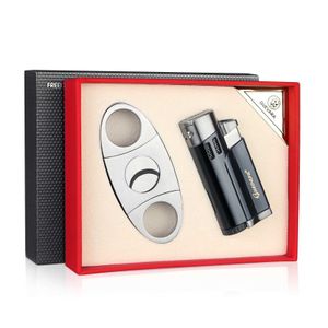 Guevara Cigar Lighter Cutter Set Windproof Torch Jet Flame Inga gas mini Tillbehör Set Butane Metal med Punch Presentlåda