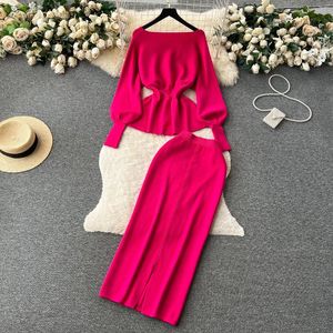 Work Dresses Women Knit 2 Pieces Sets Sweat Batwing Sleeve Ruffled Sweaters Slim Skirts Knitting Suits Outfits