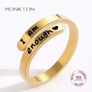 Cluster Rings Monkton S925 Sterling Silver I Am Enough For Women Gold Color Opening Adjustable Couple Ring Wedding Jewelry Friends