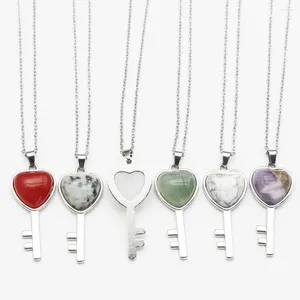 Pendant Necklaces Natural Stone Heart Key Crystal Agate Stainless Steel Chain Necklace Charm Accessories Jewelry Making Wholesale Gift 1Pc
