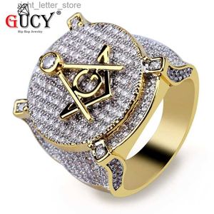 Pierścień Solitaire Gucy Hip Hop Pierścień Złoty Kolor Splowany Materiał mosiężny Wszystkie Mrożone Mikro Pave Cubic Zircon Pierścień Masoński Biżuteria dla mężczyzn Prezent YQ231207