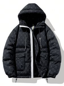 Men's Letter Print Flip Pocket Zipper Front Hooded Down Jacket