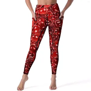 Women's Leggings Sweet Cherries Yoga Pants Pockets Fruit Print Sexy Push Up Kawaii Sports Tights Stretch Graphic Gym Leggins