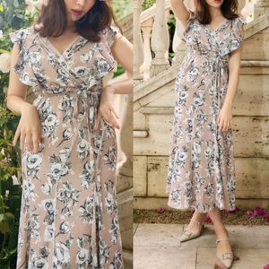 Casual Dresses Ninimon English Rose Garden Dress Ruffles Floral Print Lace V Neck Slim High midjelamer A Line Maxi