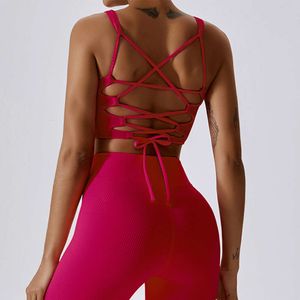 Lu Lu Yoga Outfit Cor Sólida Costela em Forma de U Alças Cruzadas Fitness Feminino Esporte Alinhar Sutiã Limão Colete de Academia Atlético Regata Apertada Treino de Treino com Almofada no Peito