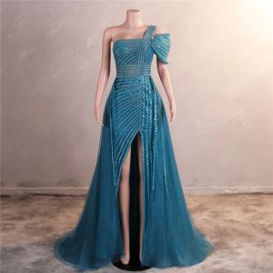 2024 Luxury Beads Sequins Evening Dresses Sexy Side Split One Shoulder Spaghetti Backless Prom Gowns For Women Occasion Wears BM3509