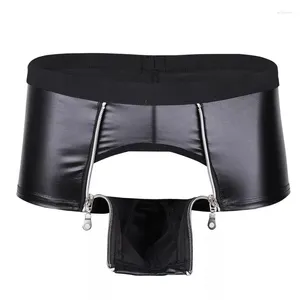 Underbyxor sexiga herrar underkläder boxare pvc faux läder blixtlås öppen bulge påse boxare shorts män fetisch gay klubb trosor manliga mini stammar