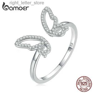 Solitaire Ring Bamoer Authentic 925 Sterling Silver Delicate Brilliant Butterfly Opening Ring for Women Eternity Band Party Fine Jewelry BSR278 YQ231207