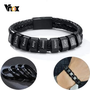 Charm Bracelets Vnox Personalized Men's Black Plaited Leather Bracelets Free Custom Made with Charm Beads Family Names Inspirational Jewelry 231206