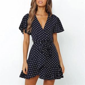 Casual Dresses Deep V Neck Dot Print Swing Dress Short Sleeve Bandage Formal Wedding Guest Ruffled Flounce Woman Clothing