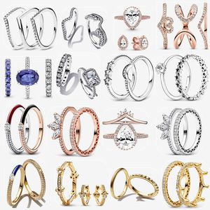 Designer Couple Wedding Rings for Women Engagement Jewelry Luxury High Quality Gift DIY fit Pandoras Disnes Mickes Mouse Sparkling Eternity Ring Hoop Earrings Set