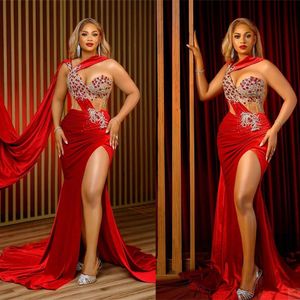 Red Plus Size Mermaid Prom Dresses Sexy Crystal Beading Tailor Made Evening Gowns High Thigh Split Robe De Mariee Junior Bridesmaid