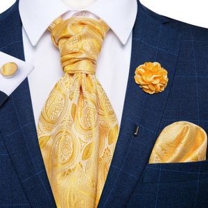 Запонки для шеи, запонки, классический свадебный галстук Ascot для мужчин, желтое золото, красный шарф с цветочным узором пейсли, шелковая брошь, набор булавок, галстук для банкета 231206