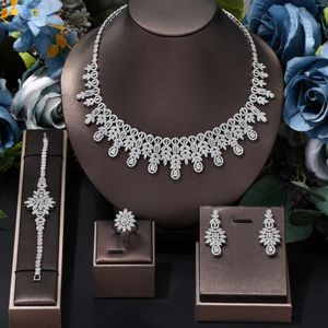 Necklace Earrings Set 2023 UAE Nigerian Bridal Jewelry White Cubic Zirconia 4pcs Full For Bride Wedding Party Accessories