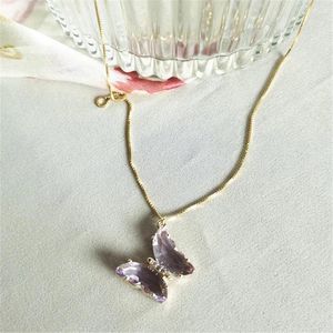 Ciondoli Collana con ciondolo farfalla ametista artificiale per donna Collana in argento 925 color oro con catena girocollo in stile coreano