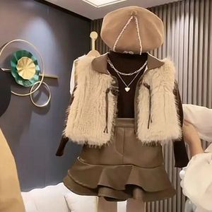 衣類セット女の子の服セット秋の子供ファッションウールセーターコートニットトップベストレザースカート231207