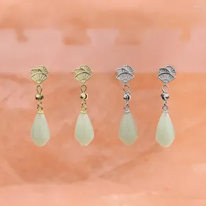 Brincos pendurados estilo chinês, imitação de gota de água de jade para mulheres, leque com franjas, brincos de orelha, joias de casamento