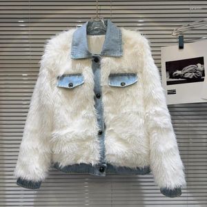Women's Fur BORVEMAYS Temperament Faux Jacket Winter 2023 Denim Lapel Patchwork Single-breasted Keep Warm Elegant Coat WZ7537