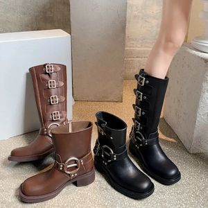 Boots Western Style Women Vintage Cowboy Boots Black Brown Motorcycle Boots Thick Heeled Square Toe Knight Boots Designer Shoes 6A 231206