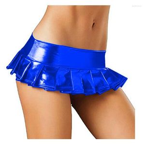 Skirts Solid Color Skirt Sexy Pleated Mini Low Waist Patent Leather Gothic Lady Dancing Pole Club Wear