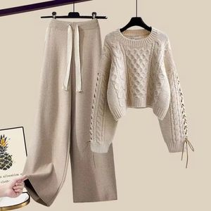 Women's Two Piece Pants 2023 Autumn and Winter Suit Korean Elegant Fashion Warm Pullover Knitted SweaterLoose Wide Leg Twopiece Set 231206