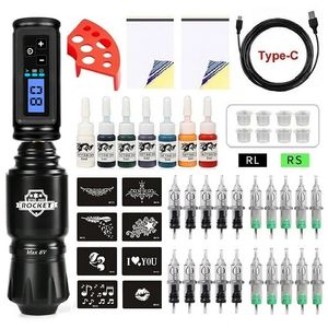 Kits de armas de tatuagem Máquina de tatuagem sem fio Kit completo Rotaty Velocidade ajustável RCA Bateria de tatuagem Conjunto com 20 cartuchos de agulha para arte corporal 231207