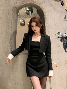 Work Dresses Vintage Black Premium Feeling Suit Short Spliced Long Sleeve Sexy Jacket Simple Halter Dress Two Piece Woman