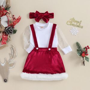 Clothing Sets BeQeuewll Infant Girl Christmas 3Pcs Outfit Sheer Long Sleeve Romper Velvet Suspender Skirt Bow Headband Set For 0-18 Months