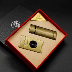 GUEVARA Metal Cigar Cutter Lighter Set Windproof 3 Jet Flame Butane USB Cigarette Case Accessories for Gift Box