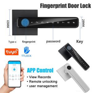 Smart Lock Biometrisches Fingerabdruck-Smart-Home-Türschloss Passwort Elektronisches digitales Schloss TUYA/TTLOCK APP-Steuerung Eingangstürgriffschloss 231206