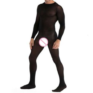 Mangueira masculina bodystocking sem costura pijamas sexy lingerie corporal crotchless bodysuit meia-calça mangas compridas roupa interior