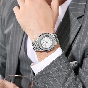 Relógios de pulso lazer relógio masculino luxo aço inoxidável com calendário malha vermelha luz noturna impermeável esportes quartzo