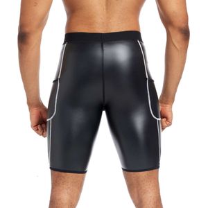 Men Fashion White Splicing Pocket Pants Body Shaper Trainer High Waist Control Panties Fiess Leather Pts Shorts