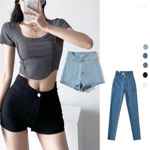 Kvinnors jeans sexig västerländsk stil hög midja och ben förfinade denimshorts retro en knapp smal passform ser elastisk höft ålder reducerande byxor