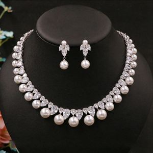 Hochzeit Schmuck Sets Zirkonia Runde Perle Bohrer Zarte Braut Halskette Anhänger Ohrstecker Zubehör Für Frauen 231207