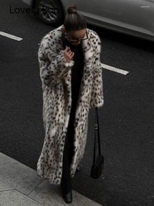 Pele feminina inverno longo solto grosso quente macio fofo leopardo casaco falso feminino manga lapela topo premium festival sobretudos