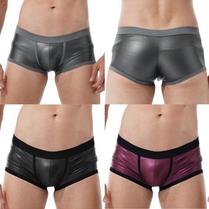 Cuecas masculinas boxer breve cintura baixa shorts de couro falso esportes troncos de natação banho bulge bolsa cintura elástica roupa interior