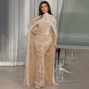 Luxurious Arabic Abaya Champagne Gold Evening Dresses with Cape Beadings Pearls Sheath Women Ocn Formal Gowns BC16805