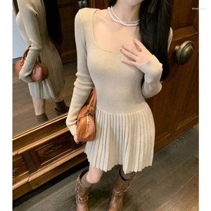 Casual Dresses Square Neck Sexy Slim Pleated Long-sleeved Dress Women 2023 Winter Korean Solid Color All Match Knitted Mini