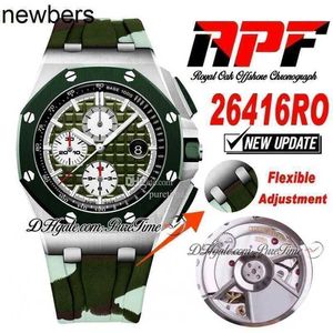 Men Audemar Pigue Watch Aebby 2641 A3126 Automatic Chronograph Mens 44 Green Silver Textured Dial Stick Markers Camouflage Rubber Super Edition Puretime Strap