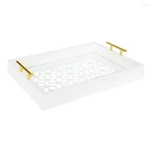 Plates Kate und Laurel Caspen, rechteckiges, ausgeschnittenes Muster, dekoratives Tablett mit goldenen Metallgriffen, 41,9 x 31,8 cm, Weiß