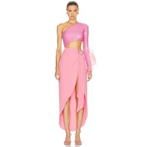2024 vestido de moda feminina vestidos de pista de penas vestido de manga comprida rosa longo fresco vestido de fadas à beira-mar estilo minimalista lantejoulas