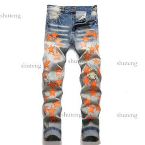 Amirs jeans för män Mens Jeans Rippade jeans med orange stjärnor Regelbunden passningsbrev broderi dragkedja Fly Black Medium Pencil Pants Designer 59