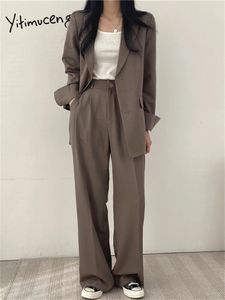 Женские брюки из двух предметов Yitimuceng, блейзер, 2 комплекта, весенне-осеннее пальто, корейский модный комплект, розовый офисный женский костюм 231206