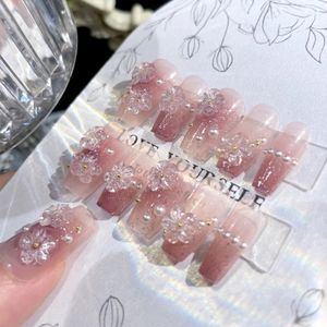 Fałszywe paznokcie średnia długość Fałszywe paznokcie 3D Flower Pearl Designs Nude Różowy Kolor Press na paznokciach Balerina Fałszywe paznokcie dla kobiet Manicure 231207