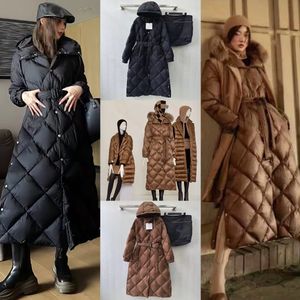 pufferjacka kvinnor ny vinter diamant plåt midja huva mid längd knä längd kvinnor gås ner kläder mjukt och varmt högkvalitativt bälte helg designer down coat