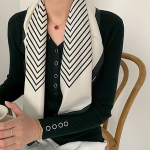 Silk Scarf Women's Stripe Black and White Print Spring and Summer New Decoration Simple Fashion Imitation Silk Square Scarf