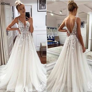 Arabic Aso Ebi Lace A Line Wedding Dresses V Neck Sexy Backless Boho Country Garden Bridal Gowns Plus Size Maternity Romantic Tulle Sweep Train Robes de Mariee CL3012