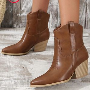 Bot kadın ayak bileği botlar bayanlar işaretli ayak parmağı batı ayak bileği cowgirl botlar moda nakış tıknaz topuk kovboy botları zapatos para mujeres 231206