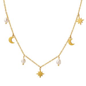 Koreanska gränsöverskridande små färska insatser Small Star Moon Freshwater Pearl Pendant Halsband bleknar inte grossisttitanstålsmycken